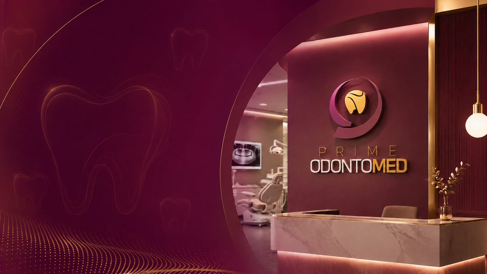 Recepção da Prime Odontomed em tons de vinho e dourado, com a marca em destaque na parede